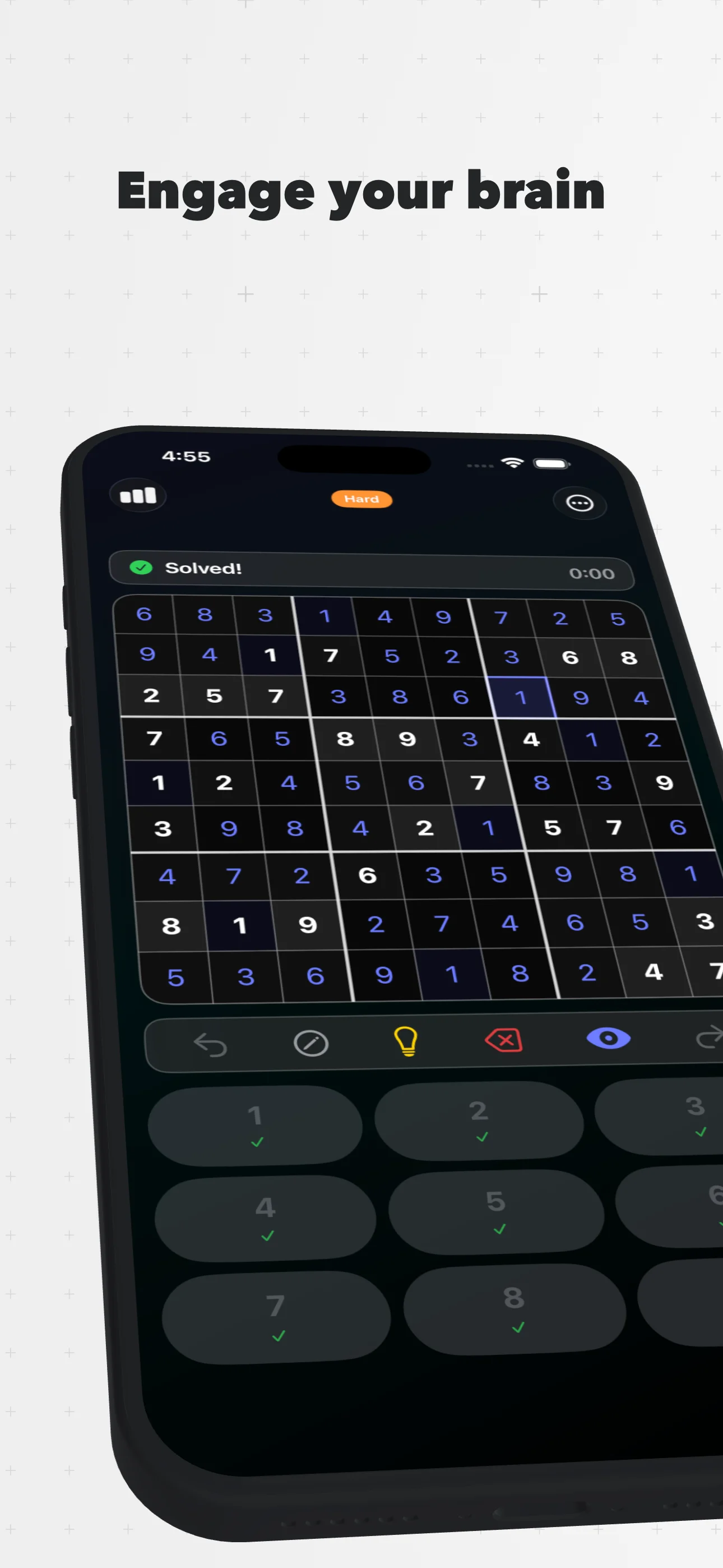 Kazuwa Sudoku - Angled view showing a complete puzzle on iPhone
